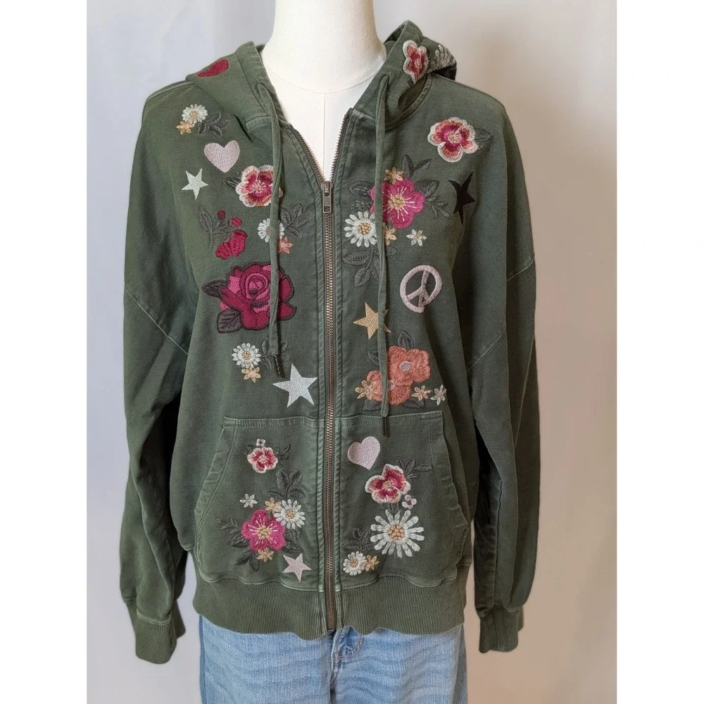 Olive Green Embroidered Floral Star Peace Sign Zip Up Hoodie Sweatshirt